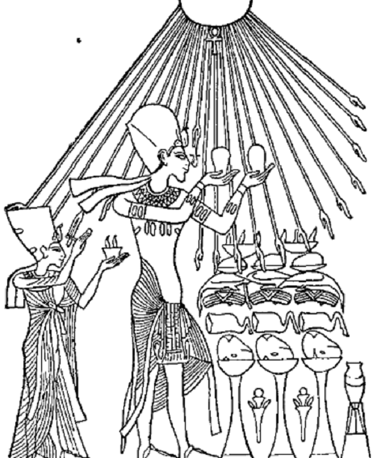 Akhenaten worshipping his monotheistic interpretation of God in the form of Aten, represented by the Sun Disk. Picture via Wiki Commons.